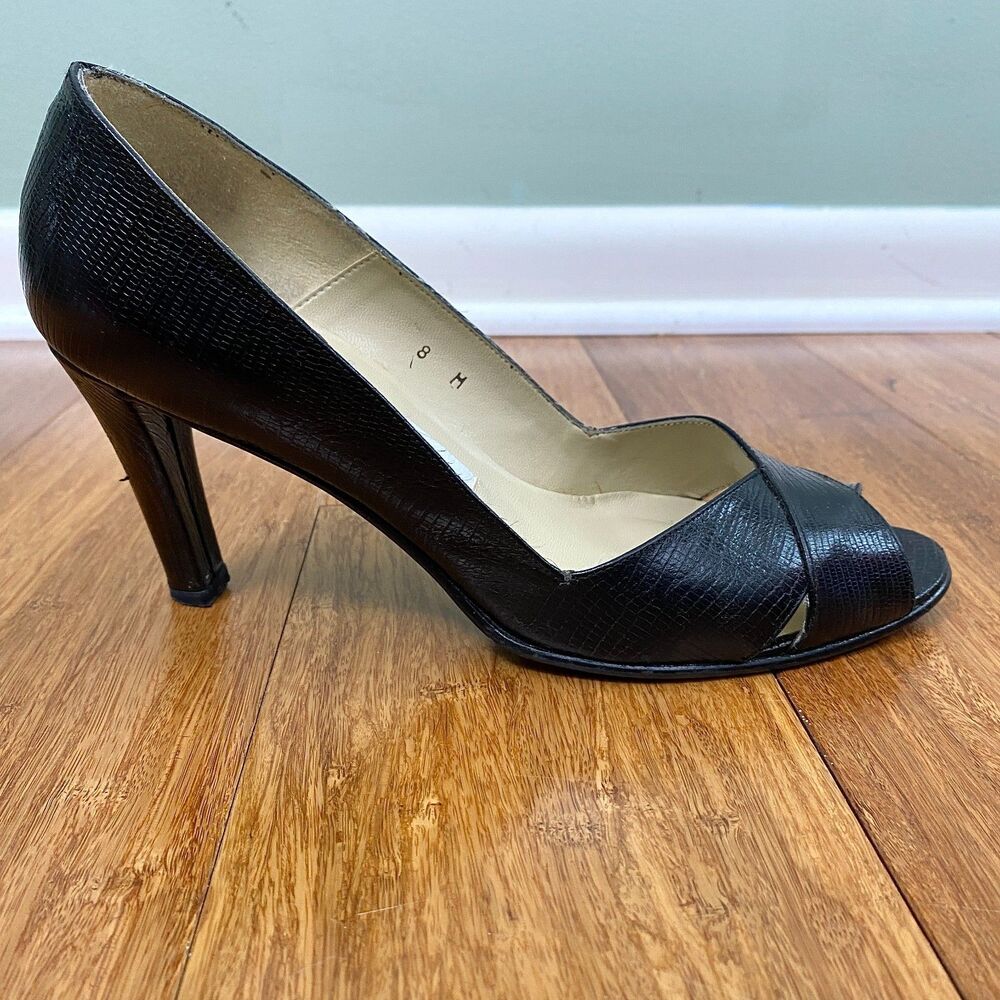 Etienne Aigner Pumps Womens 8M Black Faux Lizard Open Toe Tuscania 3.25" Heels